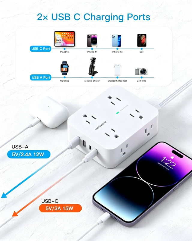 Alt view image 6 of 7 - 15Ft Long Extension Cord with Ultra-Thin Flat Plug, 8 Widely Spaced Outlets 4 USB Ports (2 USB C), 1080J Surge Protected Power Strip for Home Office, College Dorm Room Essentials, Wall Mount