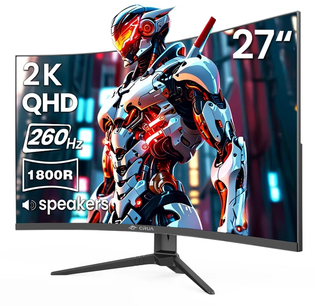 Main image of 27 Inch QHD 260Hz Curved Gaming Monitor, 1800R VA, Built-in Speakers FreeSync, 120% sRGB, Blue Light, HDMI 2.0, DP 1.4, 100x100 Wall Mount, FPS, Esports, Racing, Streaming, Movies, Work Desk, PC