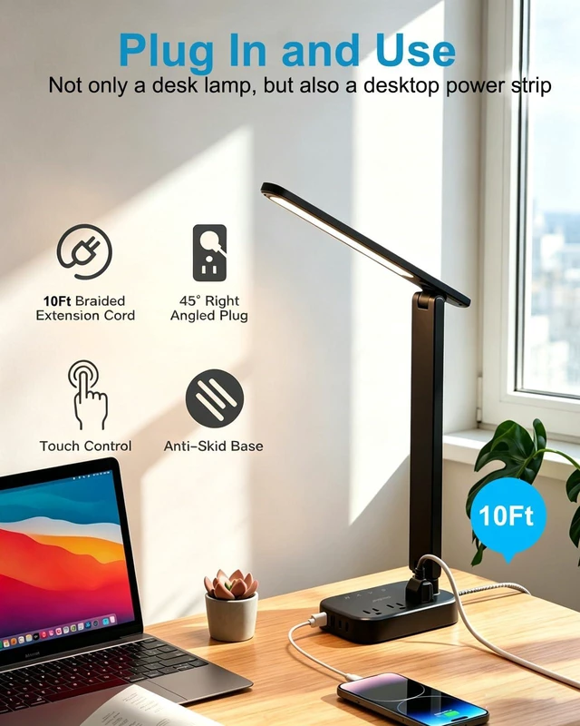 Alt view image 5 of 7 - LED Desk Lamp, 10Ft Power Strip with 3 Outlets 4 USB Ports(2 USB C), Black 4 Modes 5 Level Brightness Touch Lamp, Small Desk Lamp for Home Office College Dorm Essentials, Study Reading Light