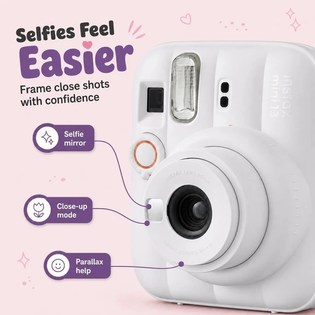 Alt view image 5 of 7 - Instax Mini 13 Instant Camera Clay White + MiniMate Accessory Bundle with Custom Case + Fuji Instax Film Value Pack (40 Sheets) & Photo Album