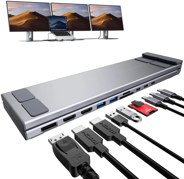 Main image of 10 in 1 USB C Laptop Dock Stand 4K Triple Monitor with PD 100W 2*HDMI+1*DisplayPort(up to 4K@60Hz), 2 USB A 3.0, 2 USB A 2.0, PD 100W, USB C 3.0+SD&TF for Mac Pro/Air/Dell/HP/Surface/Acer