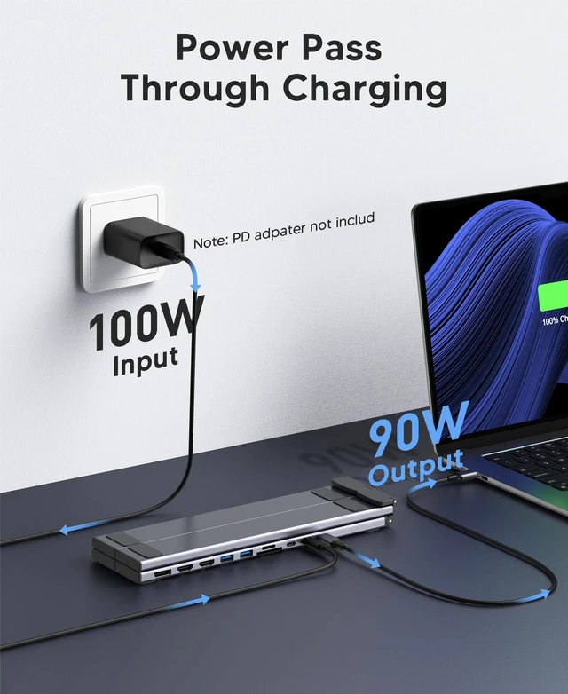 Alt view image 3 of 7 - 10 in 1 USB C Laptop Dock Stand 4K Triple Monitor with PD 100W 2*HDMI+1*DisplayPort(up to 4K@60Hz), 2 USB A 3.0, 2 USB A 2.0, PD 100W, USB C 3.0+SD&TF for Mac Pro/Air/Dell/HP/Surface/Acer