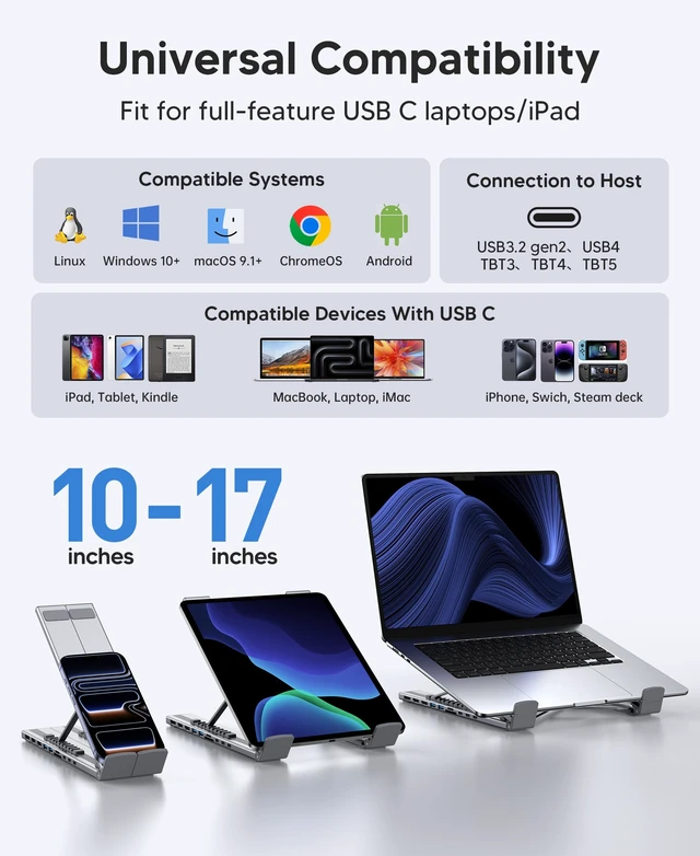 Alt view image 7 of 7 - 10 in 1 USB C Laptop Dock Stand 4K Triple Monitor with PD 100W 2*HDMI+1*DisplayPort(up to 4K@60Hz), 2 USB A 3.0, 2 USB A 2.0, PD 100W, USB C 3.0+SD&TF for Mac Pro/Air/Dell/HP/Surface/Acer