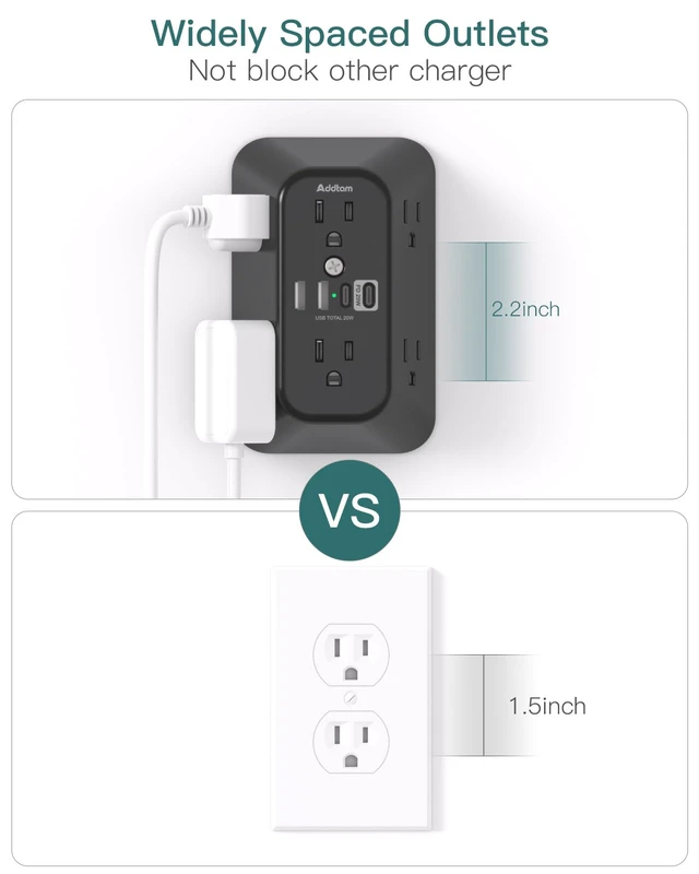 Alt view image 6 of 7 - 6-Outlet Extender Surge Protector, Multi Plug Wall Outlet with 4 USB Wall Charger(PD 30W), Plug Extension Outlet with 1800J, Outlet Splitter Power Strip for Home Office, Black