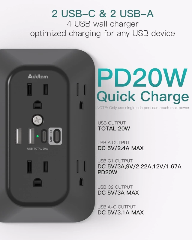 Alt view image 4 of 7 - 6-Outlet Extender Surge Protector, Multi Plug Wall Outlet with 4 USB Wall Charger(PD 30W), Plug Extension Outlet with 1800J, Outlet Splitter Power Strip for Home Office, Black