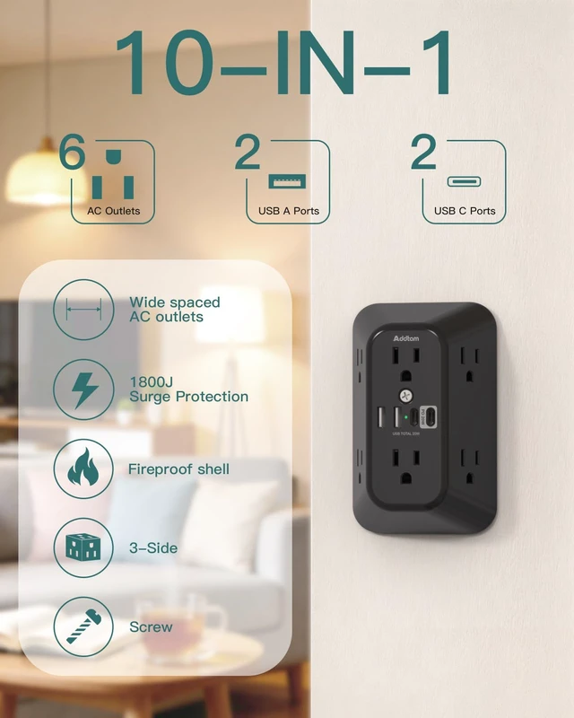 Alt view image 2 of 7 - 6-Outlet Extender Surge Protector, Multi Plug Wall Outlet with 4 USB Wall Charger(PD 30W), Plug Extension Outlet with 1800J, Outlet Splitter Power Strip for Home Office, Black