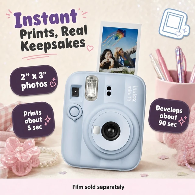 Alt view image 2 of 7 - Instax Mini 13 Instant Camera Frost Blue + MiniMate Accessory Bundle with Custom Case + Fuji Instax Film Value Pack (40 Sheets) & Photo Album