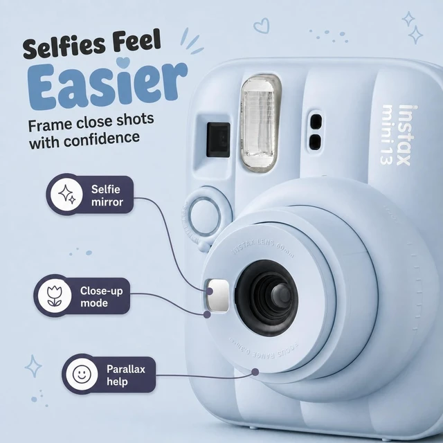 Alt view image 4 of 7 - Instax Mini 13 Instant Camera Frost Blue + MiniMate Accessory Bundle with Custom Case + Fuji Instax Film Value Pack (40 Sheets) & Photo Album