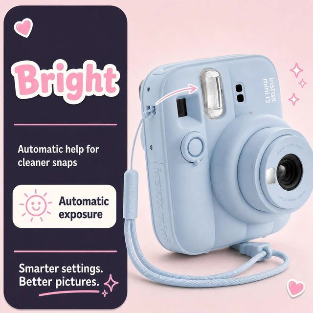 Alt view image 5 of 7 - Instax Mini 13 Instant Camera Frost Blue + MiniMate Accessory Bundle with Custom Case + Fuji Instax Film Value Pack (40 Sheets) & Photo Album