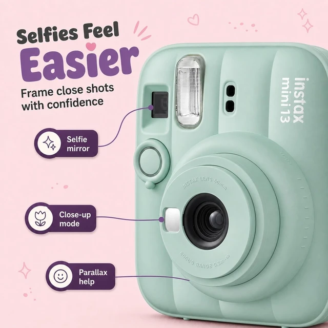 Alt view image 4 of 7 - Instax Mini 13 Instant Camera Lagoon Green + MiniMate Accessory Bundle with Custom Case + Fuji Instax Film Value Pack (40 Sheets) & Photo Album