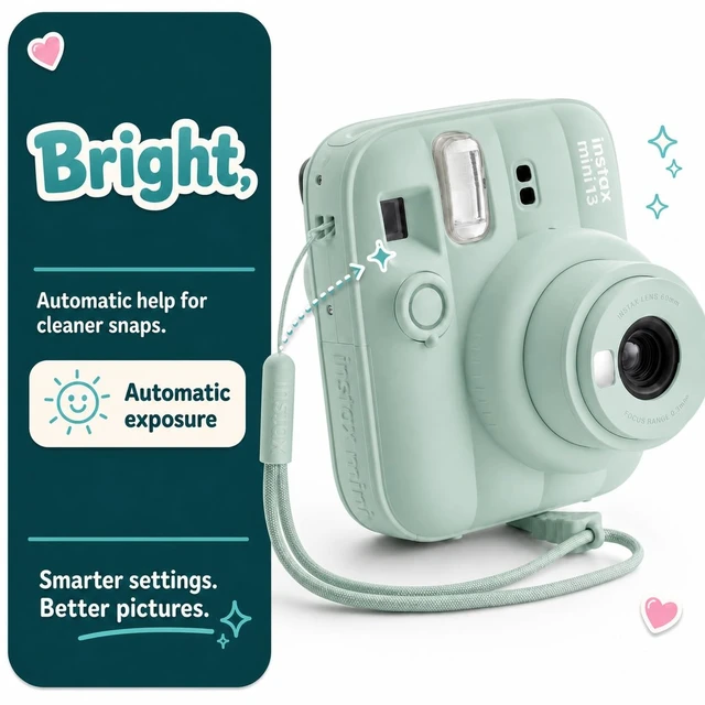 Alt view image 5 of 7 - Instax Mini 13 Instant Camera Lagoon Green + MiniMate Accessory Bundle with Custom Case + Fuji Instax Film Value Pack (40 Sheets) & Photo Album
