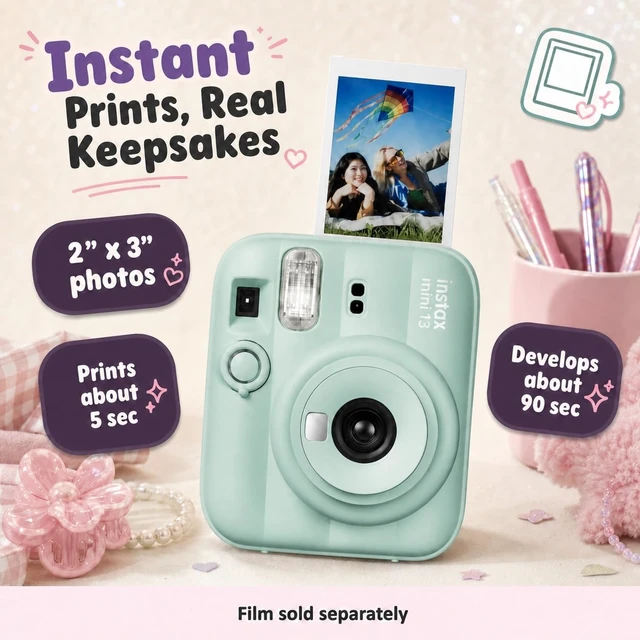 Alt view image 2 of 7 - Instax Mini 13 Instant Camera Lagoon Green + MiniMate Accessory Bundle with Custom Case + Fuji Instax Film Value Pack (40 Sheets) & Photo Album