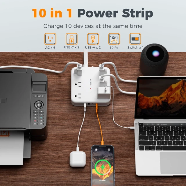 Alt view image 2 of 7 - Surge Protector Power Strip, 10Ft Flat Plug Extension Cord, Grey 6 Outlets and 4 USB Ports (2 USB C), 2100 Joules Surge Protection, Outlet Extender for Home, Office, Dorm Room Essentials