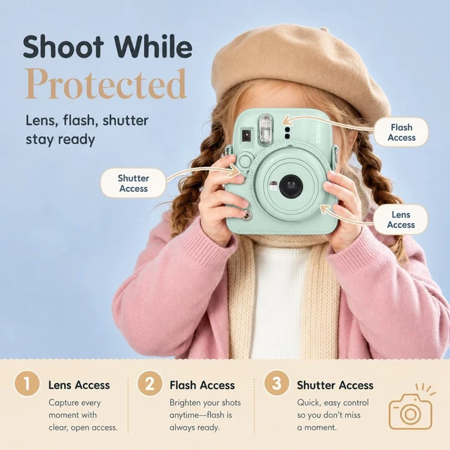 Alt view image 6 of 7 - Instax Mini 13 Instant Camera Lagoon Green + MiniMate Accessory Bundle with Custom Case + Fuji Instax Film Value Pack (40 Sheets) & Photo Album