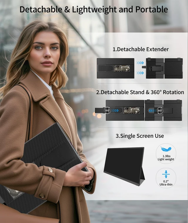 Alt view image 6 of 7 - Laptop Screen Extender - 15.6" FHD 1080P Portable Monitor for Laptop, Detachable & Plug and Play Dual Monitor Extender for 13"-17.3" Laptops, Compatible with Wins/Mac/Android/Chrome
