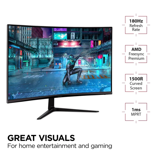 Alt view image 3 of 7 - VX3218-PC-MHD 32 Inch 1080p Curved Gaming Monitor, 180Hz, 1ms FreeSync Premium, HDR10, 1500R Curve, Dual Speakers, HDMI, DisplayPort, Eye Care, PS5, Xbox, PC, Anti Glare, Immersive Play