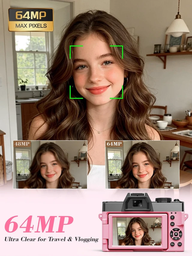 Alt view image 2 of 7 - True 5K 64MP Digital Camera for Photography (Hot Pink) Autofocus & Anti-Shake,16X Zoom,WiFi,Wide-Angle Macro Lens,32GB TF Card,Vlogging Camera for YouTube & Travel