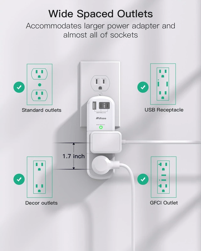 Alt view image 4 of 6 - PD20W USB Outlet Extender with Rotating Plug, 6 AC Multi Plug Wall Outlets 3 USB Ports, 3-Sided Swivel Power Strip Spaced Splitter for Home, Travel Essentials, White