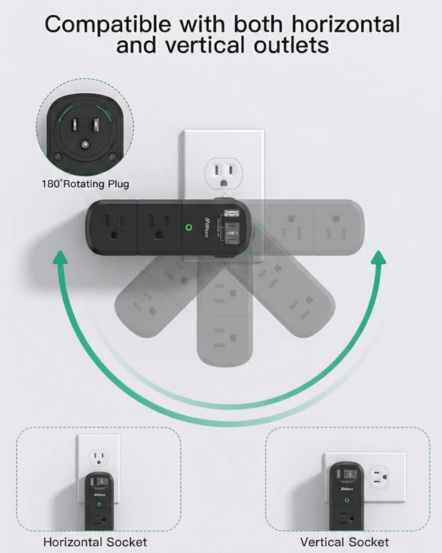 Alt view image 2 of 3 - PD20W USB Outlet Extender with Rotating Plug, 6 AC Multi Plug Wall Outlets 3 USB Ports, 3-Sided Swivel Power Strip Spaced Splitter for Home, Travel Essentials, Black