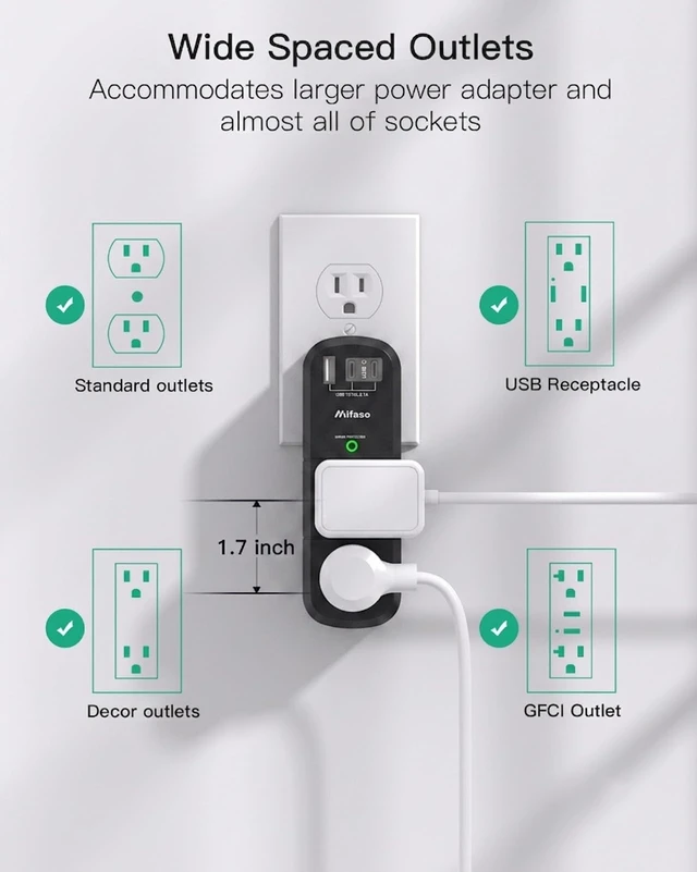 Alt view image 3 of 3 - PD20W USB Outlet Extender with Rotating Plug, 6 AC Multi Plug Wall Outlets 3 USB Ports, 3-Sided Swivel Power Strip Spaced Splitter for Home, Travel Essentials, Black