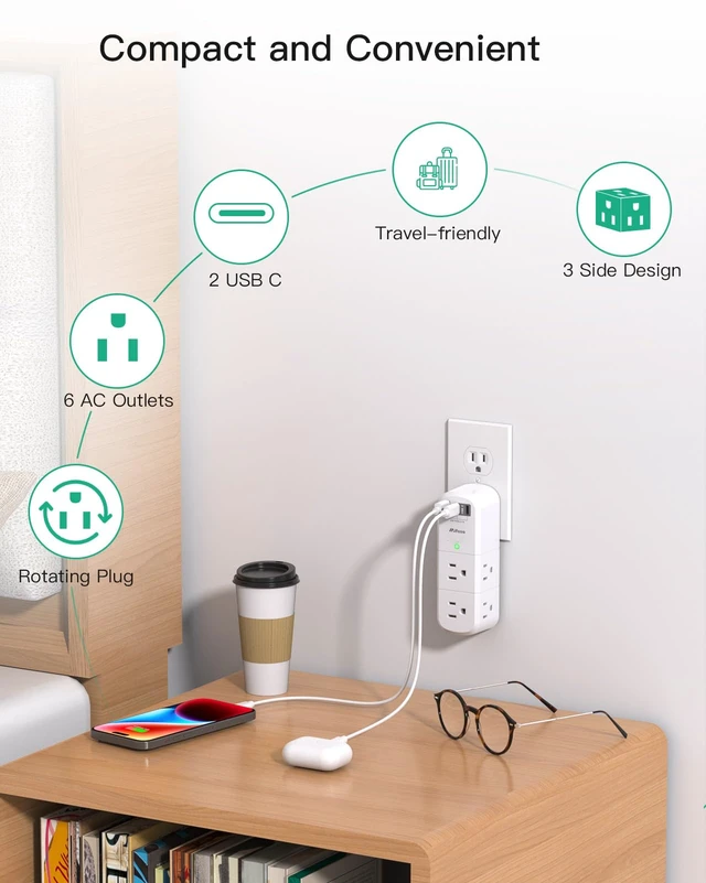Alt view image 6 of 6 - PD20W USB Outlet Extender with Rotating Plug, 6 AC Multi Plug Wall Outlets 3 USB Ports, 3-Sided Swivel Power Strip Spaced Splitter for Home, Travel Essentials, White