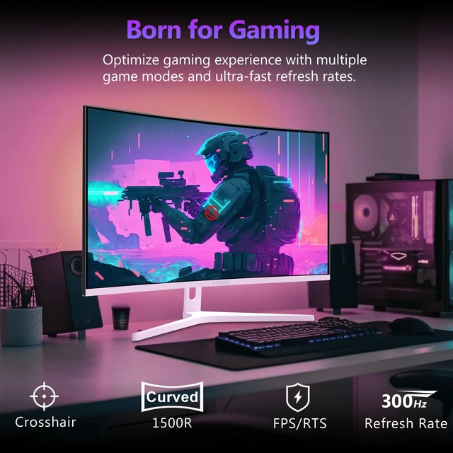 Alt view image 3 of 7 - Z-Edge 27" White Curved Gaming Monitor, FHD 300Hz 240Hz Computer Screen FHD Monitor Gaming with MPRT 1ms, 1500R Curved, FreeSync, 16.7M Colors, UG27H White Monitor Frameless, 2X DP & 2X HDMI