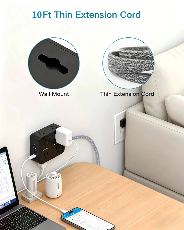 Alt view image 2 of 7 - 10Ft Surge Protector Power Strip, 8 Outlet 4 USB Ports(2 USB C), 1080J Ultra-Thin Flat Plug, Wall Mount Charging Station, Ideal Desk Extension for Home Office, College Dorm Essentials