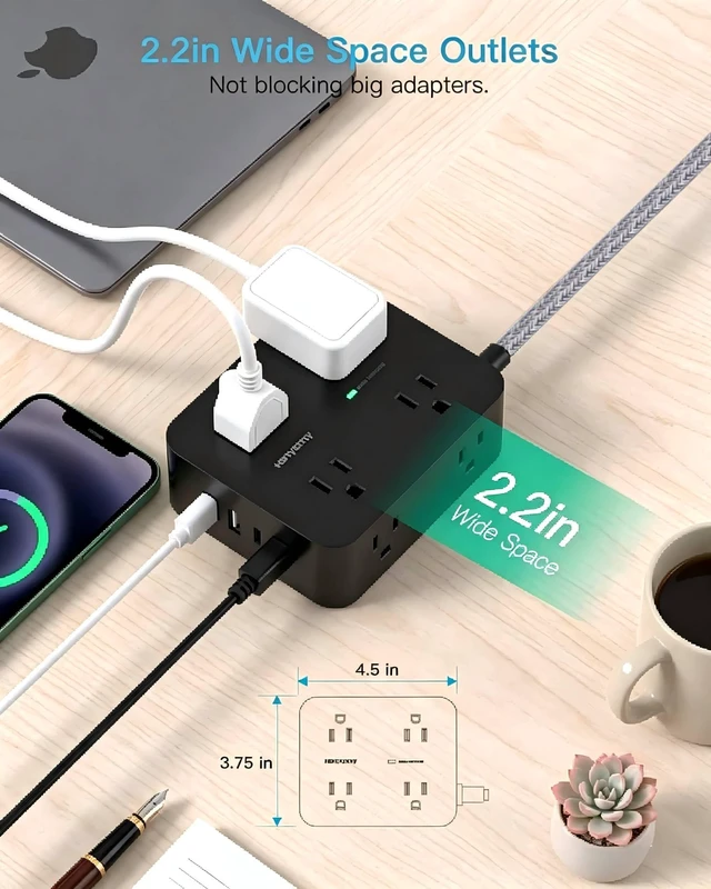 Alt view image 6 of 7 - 10Ft Surge Protector Power Strip, 8 Outlet 4 USB Ports(2 USB C), 1080J Ultra-Thin Flat Plug, Wall Mount Charging Station, Ideal Desk Extension for Home Office, College Dorm Essentials