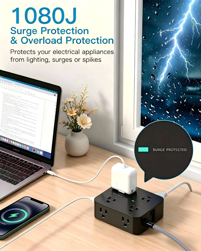 Alt view image 3 of 7 - 10Ft Surge Protector Power Strip, 8 Outlet 4 USB Ports(2 USB C), 1080J Ultra-Thin Flat Plug, Wall Mount Charging Station, Ideal Desk Extension for Home Office, College Dorm Essentials