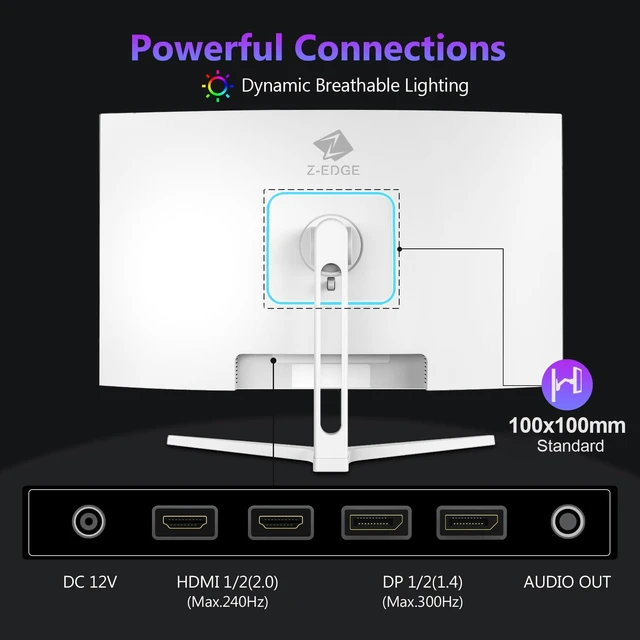 Alt view image 7 of 7 - Z-Edge 27" White Curved Gaming Monitor, FHD 300Hz 240Hz Computer Screen FHD Monitor Gaming with MPRT 1ms, 1500R Curved, FreeSync, 16.7M Colors, UG27H White Monitor Frameless, 2X DP & 2X HDMI