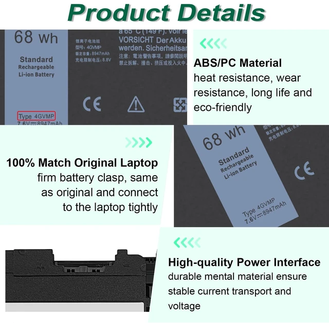 Alt view image 7 of 7 - 4GVMP Laptop Battery for Dell Latitude 5400 5500 5410 5510 E5400 E5500 Inspiron 7590 7591 7791 2-in-1 Precision 3540 3550 Series P84F P84F001 P42E P42E001 P98G001 P80F001 RF7WM C5GV2 7.6V 68Wh