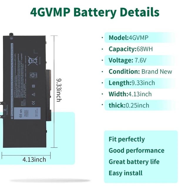Alt view image 3 of 7 - 4GVMP Laptop Battery for Dell Latitude 5400 5500 5410 5510 E5400 E5500 Inspiron 7590 7591 7791 2-in-1 Precision 3540 3550 Series P84F P84F001 P42E P42E001 P98G001 P80F001 RF7WM C5GV2 7.6V 68Wh