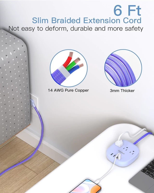 Alt view image 5 of 6 - Cruise Ship Travel Essentials, 22.5W/4.5A Flat Plug Power Strip, Purple 6Ft Extension Cord, 3 Outlets 4 USB Ports (2 USB C) Cruise Approved Power Strip No Surge Protection, Desktop Charging Station