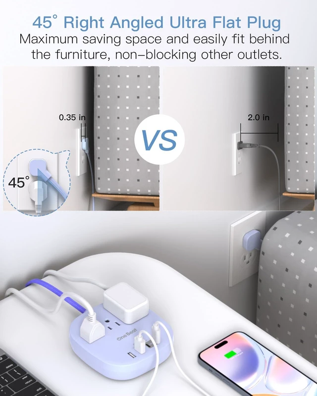 Alt view image 3 of 6 - Cruise Ship Travel Essentials, 22.5W/4.5A Flat Plug Power Strip, Purple 6Ft Extension Cord, 3 Outlets 4 USB Ports (2 USB C) Cruise Approved Power Strip No Surge Protection, Desktop Charging Station