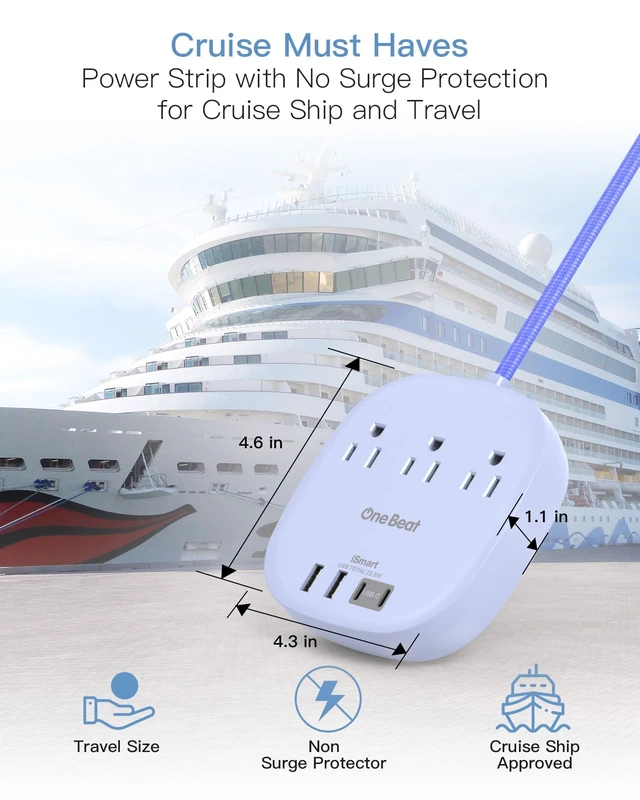 Alt view image 4 of 6 - Cruise Ship Travel Essentials, 22.5W/4.5A Flat Plug Power Strip, Purple 6Ft Extension Cord, 3 Outlets 4 USB Ports (2 USB C) Cruise Approved Power Strip No Surge Protection, Desktop Charging Station
