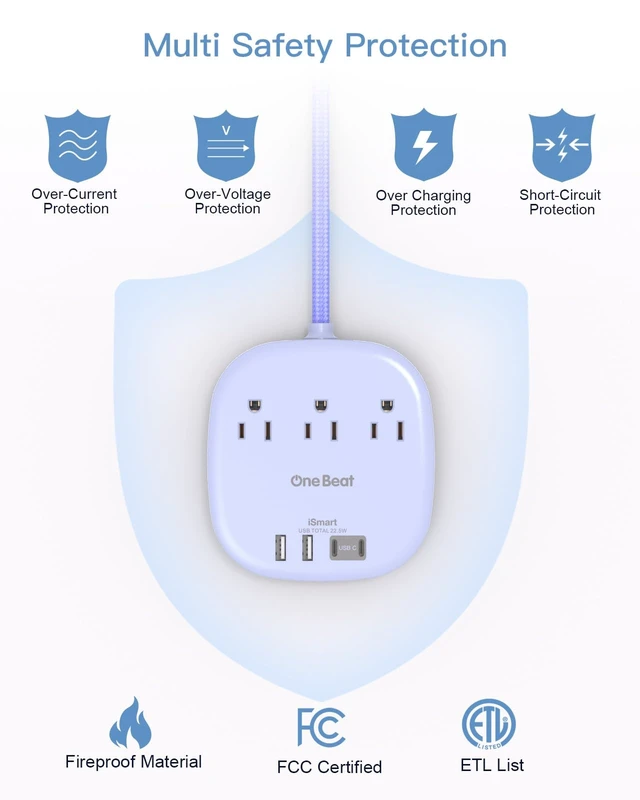 Alt view image 6 of 6 - Cruise Ship Travel Essentials, 22.5W/4.5A Flat Plug Power Strip, Purple 6Ft Extension Cord, 3 Outlets 4 USB Ports (2 USB C) Cruise Approved Power Strip No Surge Protection, Desktop Charging Station