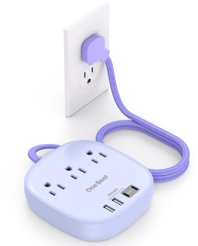 Main image of Cruise Ship Travel Essentials, 22.5W/4.5A Flat Plug Power Strip, Purple 6Ft Extension Cord, 3 Outlets 4 USB Ports (2 USB C) Cruise Approved Power Strip No Surge Protection, Desktop Charging Station