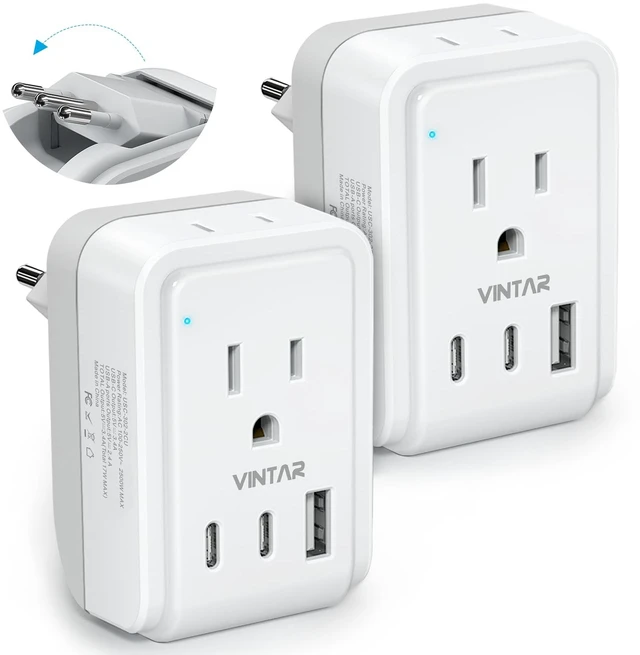 Main image of Foldable Italy Travel Plug Adapter, 2 Pack Type L Adapter with USB-C 2 Outlets, 3 USB Ports, 3 Prong Grounded Plug, Power Adapter for US to Italy Rome Chile Uruguay Libya