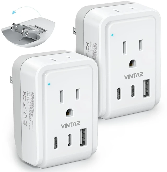 Main image of US to Japan Plug Adapter, 2 Pack Foldable Japan Outlet Adapter Type A, 5 in 1 with 2 AC 3 USB, Dual USB C Fast Charge, Compact Size for Travel, 2 Prong to 3 Prong Outlet for USA Japan