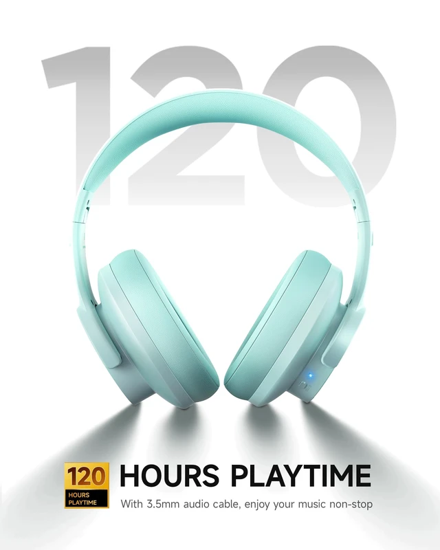 Alt view image 3 of 7 - B8 Wireless Bluetooth Headphones, 120H Playtime, 3EQ Modes, Cyan Over-Ear, Built-in Microphone, Multipoint Connection, Foldable, Button & Touch Controls, for Travel Home Office Phone PC