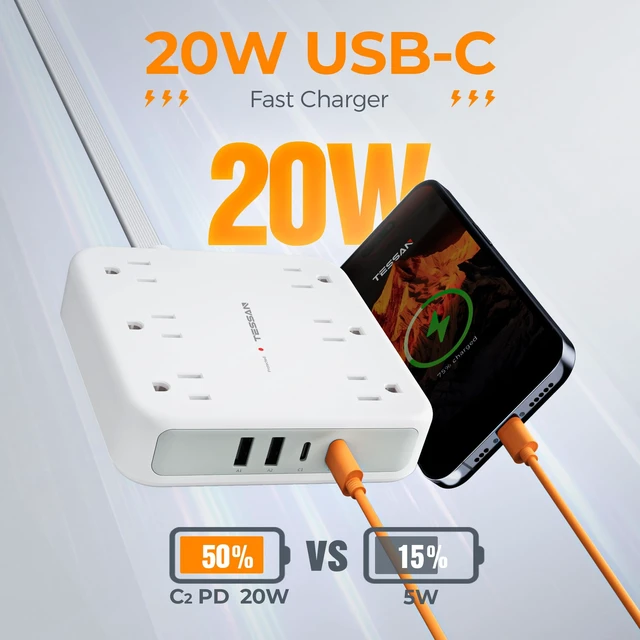 Alt view image 5 of 7 - Surge Protector Power Strip, 5Ft Flat Plug Extension Cord, Grey 6 Outlets and 4 USB Ports (2 USB C), 2100 Joules Surge Protection, Outlet Extender for Home, Office, Dorm Room Essentials