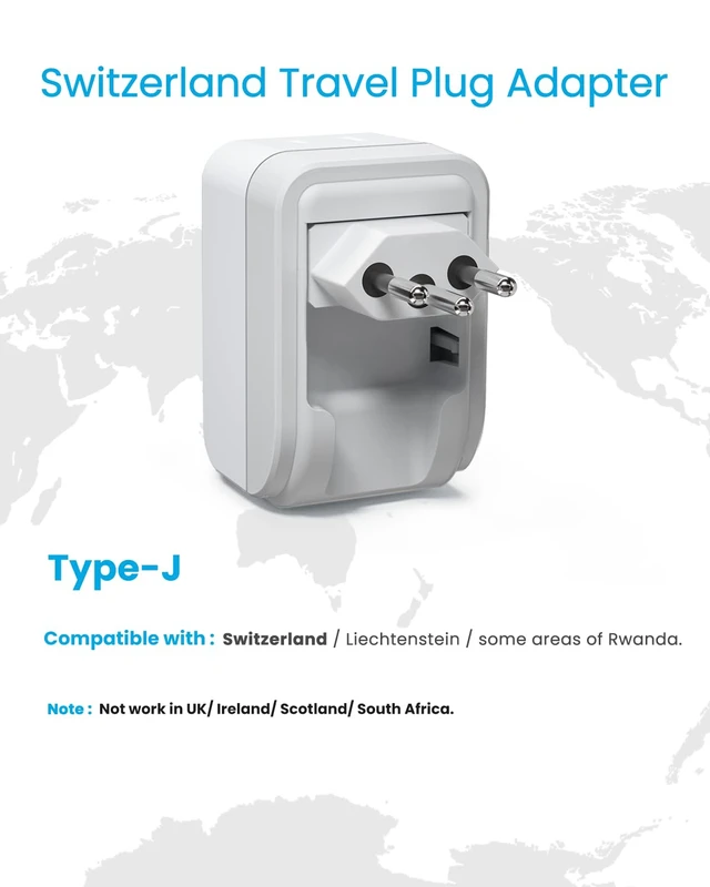 Alt view image 3 of 6 - Switzerland Travel Plug Adapter, Foldable Type J Adapter, 2 Pack 2 AC Outlets, 3 USB Ports (2 USB C) for US to Switzerland Rwanda Liechtenstein