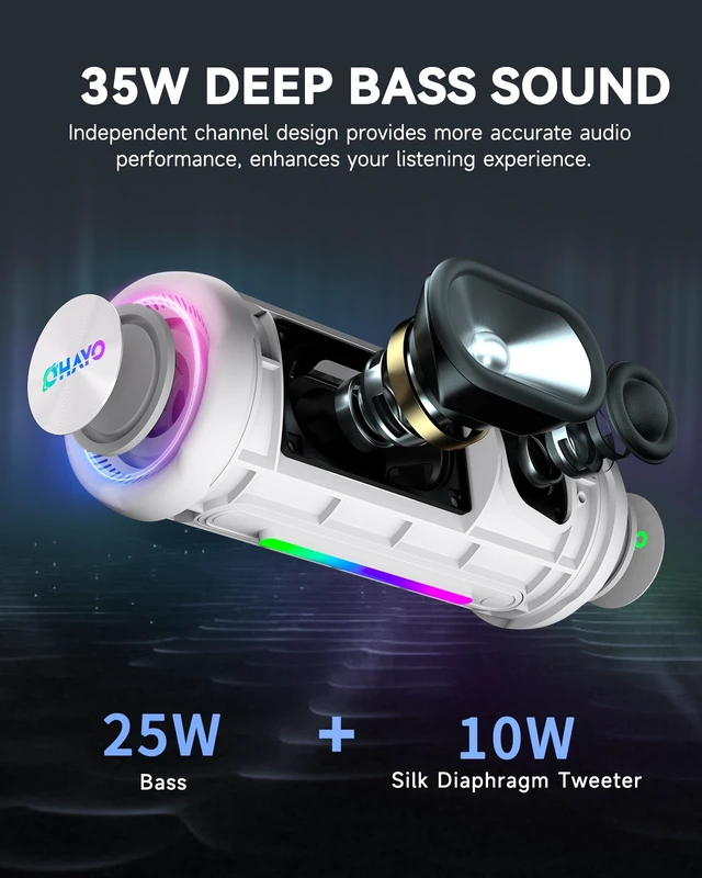 Alt view image 2 of 7 - Bluetooth Speaker, Portable Wireless, IPX7 Waterproof, Powerful 35W Sound, 24H Playtime, Dual Pairing, Active Bass, Colorful Lights, Bluetooth 5.3, Outdoor Speakers for Home/Party/Beach, White