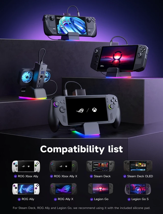 Alt view image 4 of 7 - Docking Station for ROG Ally X/ROG Ally/Steam Deck/Legion Go, 7-in-1 ROG Ally X Dock with RGB Cooling Fan, HDMI 4K@120Hz, Gigabit Ethernet, Dual USB & USB C 3.0, 100W PD Charging - HB0705