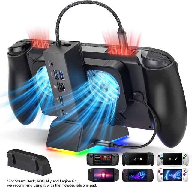 Alt view image 2 of 7 - Docking Station for ROG Ally X/ROG Ally/Steam Deck/Legion Go, 7-in-1 ROG Ally X Dock with RGB Cooling Fan, HDMI 4K@120Hz, Gigabit Ethernet, Dual USB & USB C 3.0, 100W PD Charging - HB0705