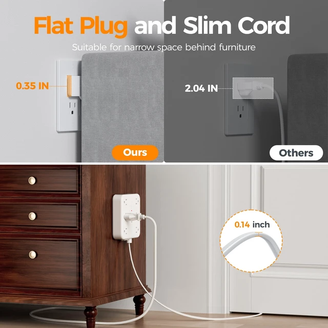 Alt view image 7 of 7 - Surge Protector Power Strip, 5Ft Flat Plug Extension Cord, Grey 6 Outlets and 4 USB Ports (2 USB C), 2100 Joules Surge Protection, Outlet Extender for Home, Office, Dorm Room Essentials