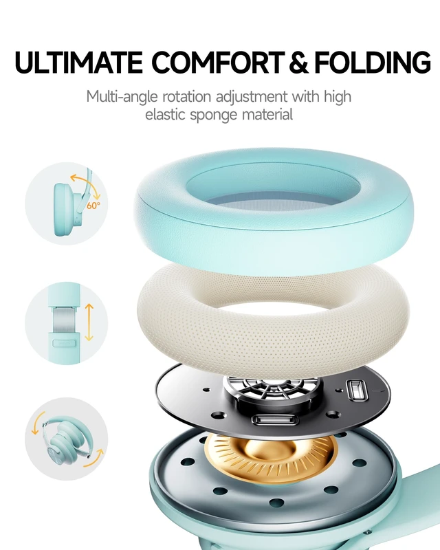Alt view image 6 of 7 - B8 Wireless Bluetooth Headphones, 120H Playtime, 3EQ Modes, Cyan Over-Ear, Built-in Microphone, Multipoint Connection, Foldable, Button & Touch Controls, for Travel Home Office Phone PC