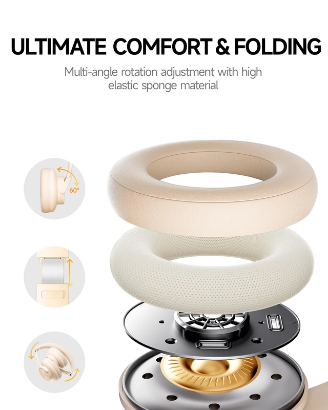 Alt view image 5 of 7 - B8 Wireless Bluetooth Headphones, 120H Playtime, 3EQ Modes, Khaki Over-Ear, Built-in Microphone, Multipoint Connection, Foldable, Button & Touch Controls, for Travel Home Office Phone PC
