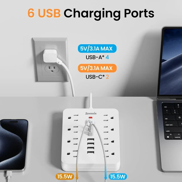 Alt view image 4 of 6 - 20FT Flat Plug Extension Cord Surge Protector Power Strip with 8 AC&6 USB 20FT Extension Cord Outlet Extender with 8 Outlets(1850W/15A/14AWG)&6 USB Ports(2 USB C),Overload Protection,ETL