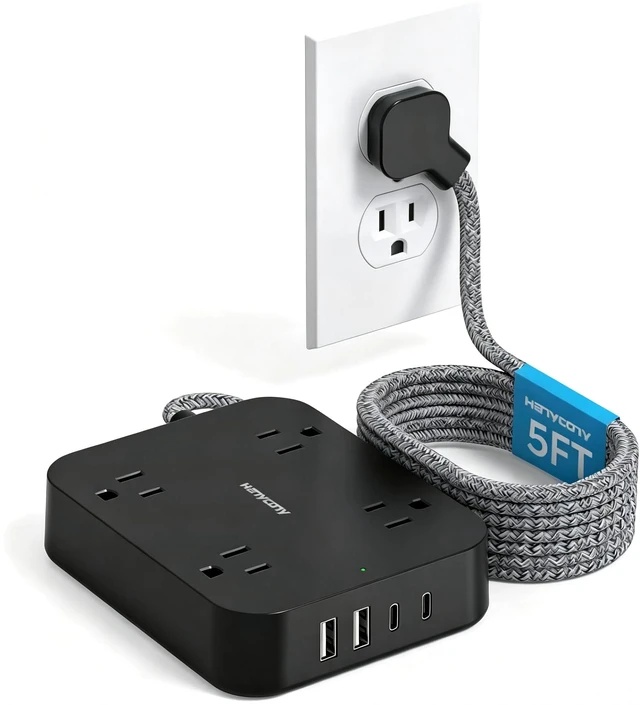 Main image of 5 Ft Braided Extension Cord, Ultra-Thin Flat Plug, 4 Widely Spaced Outlets 4 USB Ports (2 USB C), Non-Surge Protector Power Strip for Cruise Ship, Travel Essentials, Home Office, Black